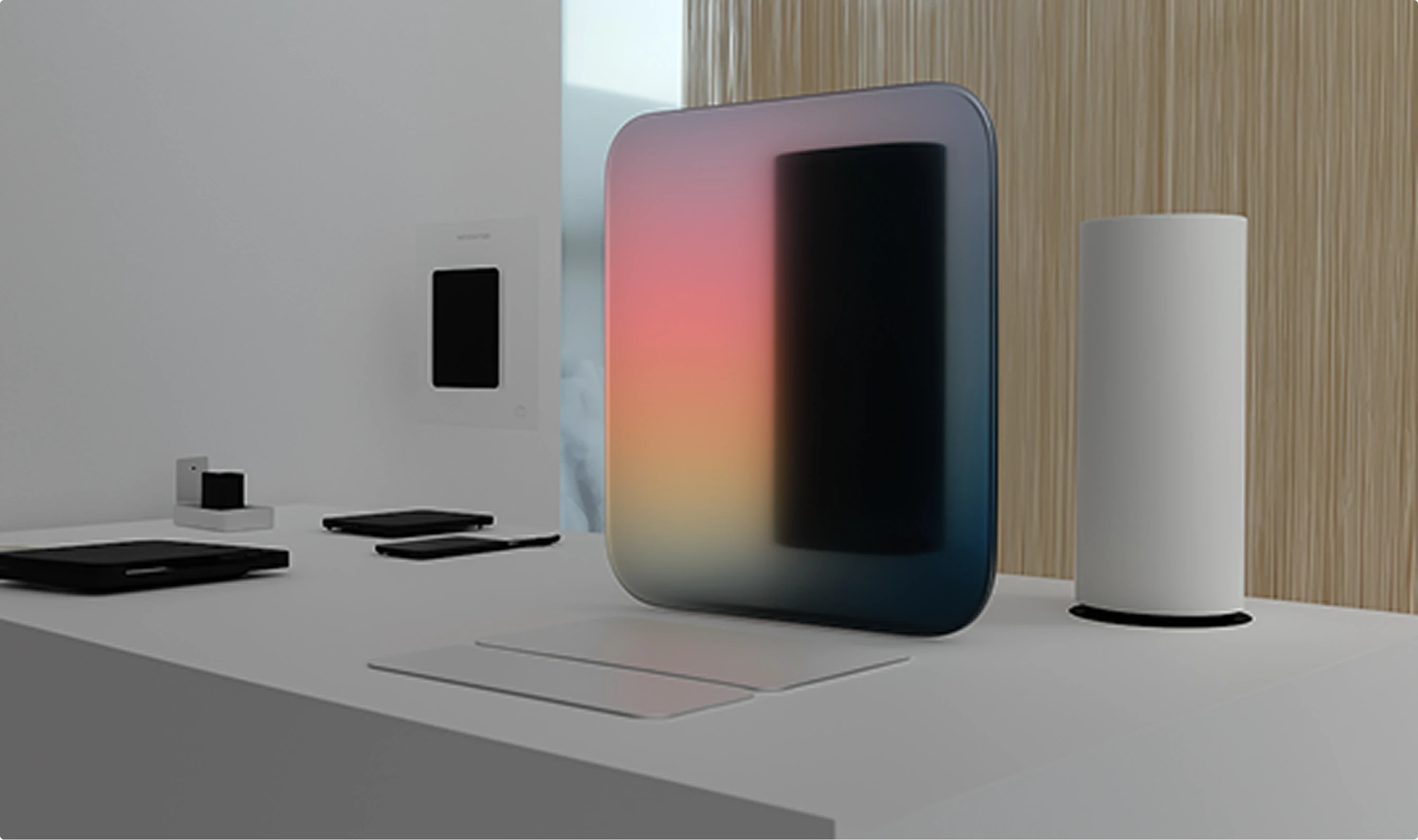 White electronics arranged on a surface